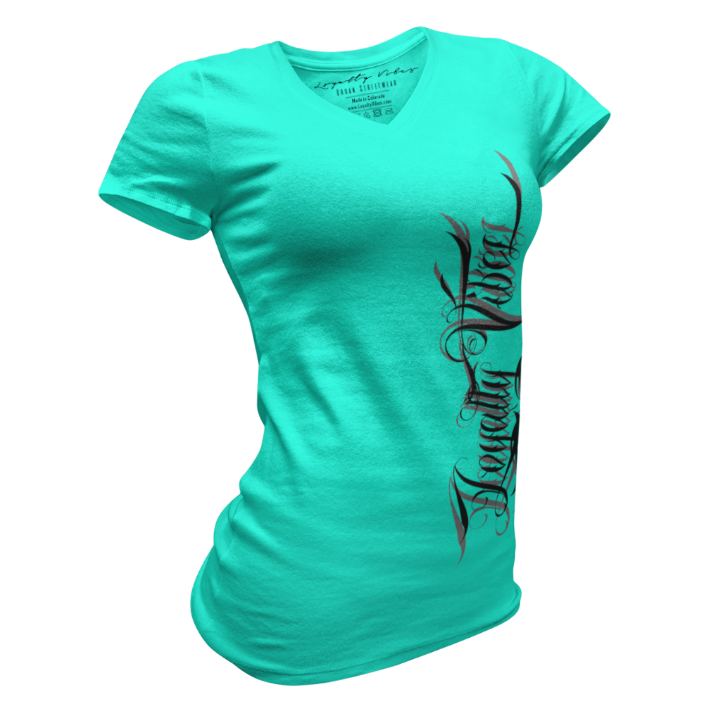 Loyalty Vibes Women's Street Style Magnitude Logo V-Neck Tee Teal Loyalty Vibes