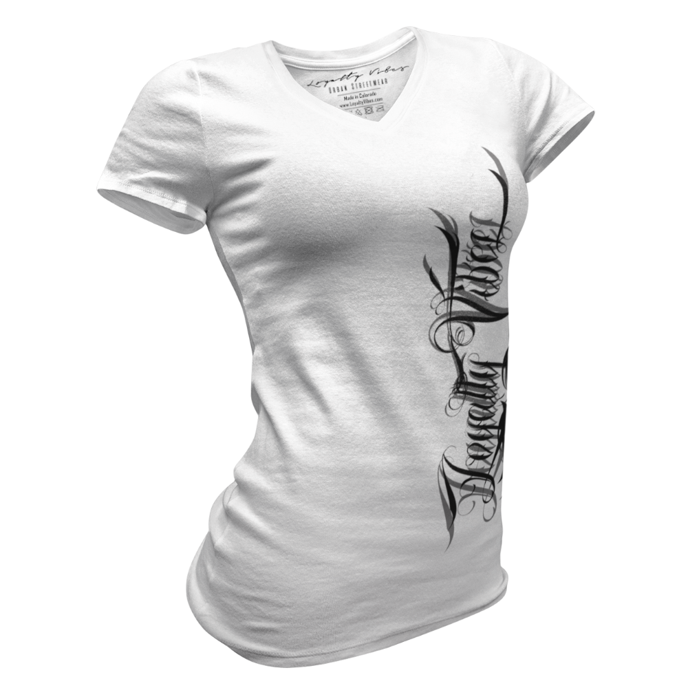 Loyalty Vibes Women's Street Style Magnitude Logo V-Neck Tee White Loyalty Vibes