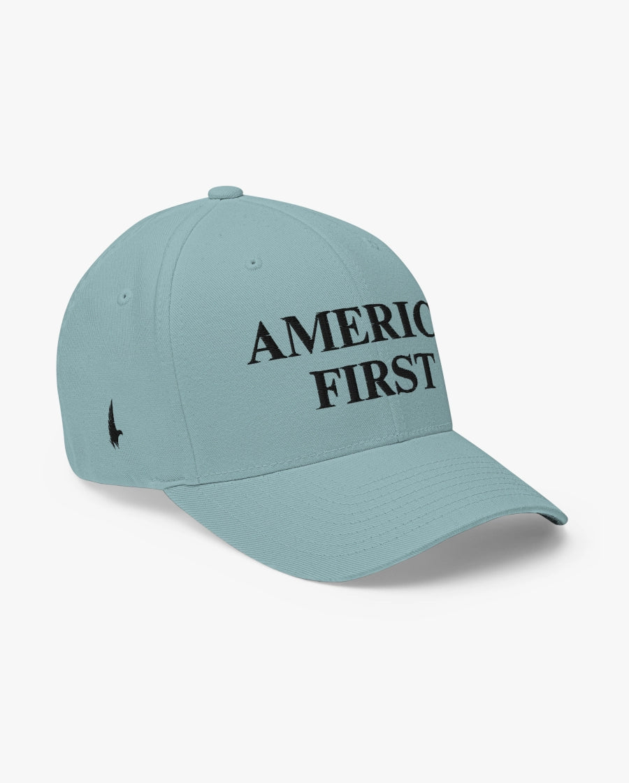 America First Fitted Hat Baby Blue/Black Loyalty Vibes