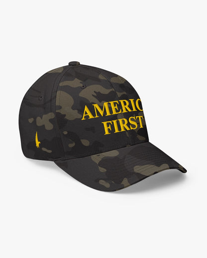 America First Fitted Hat Black Camo/Gold Loyalty Vibes