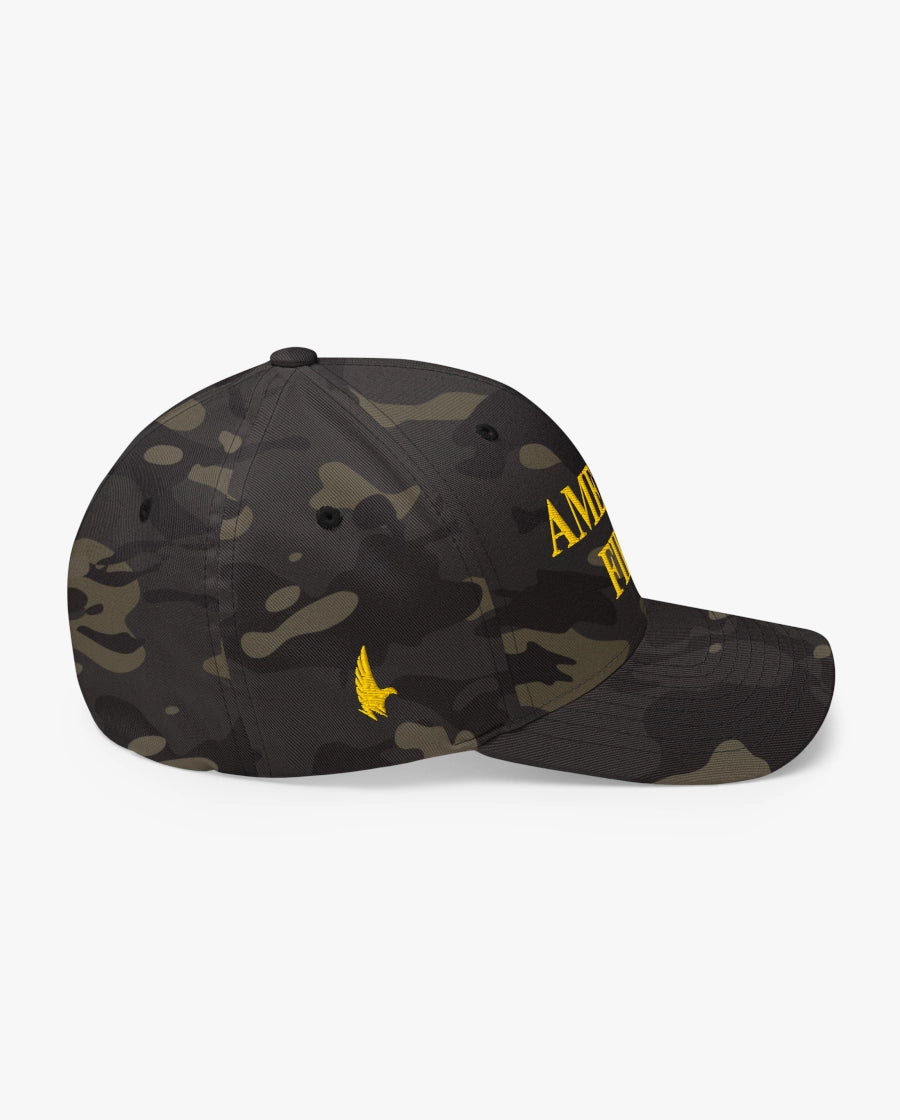 America First Fitted Hat Black Camo/Gold Right Loyalty Vibes