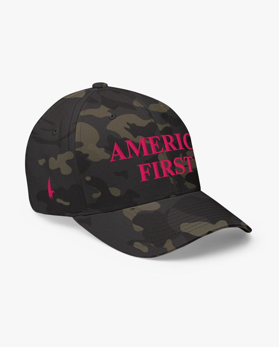 America First Fitted Hat Black Camo/Pink Loyalty Vibes