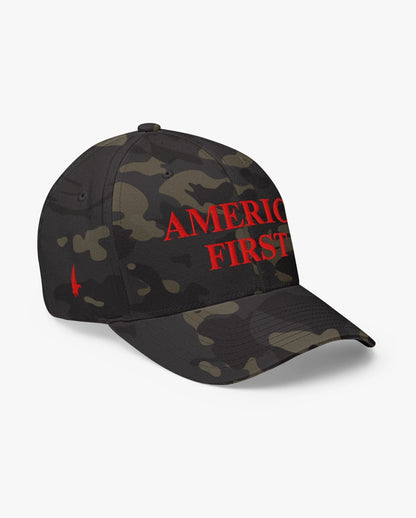 America First Fitted Hat Black Camo/Red Loyalty Vibes
