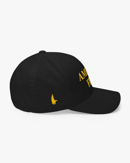 America First Fitted Hat Black/Gold Right Loyalty Vibes