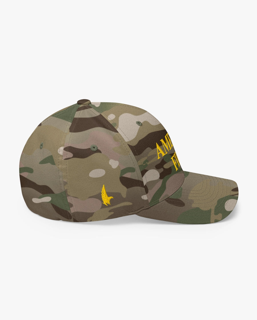 America First Fitted Hat Camo/Gold Right Loyalty Vibes