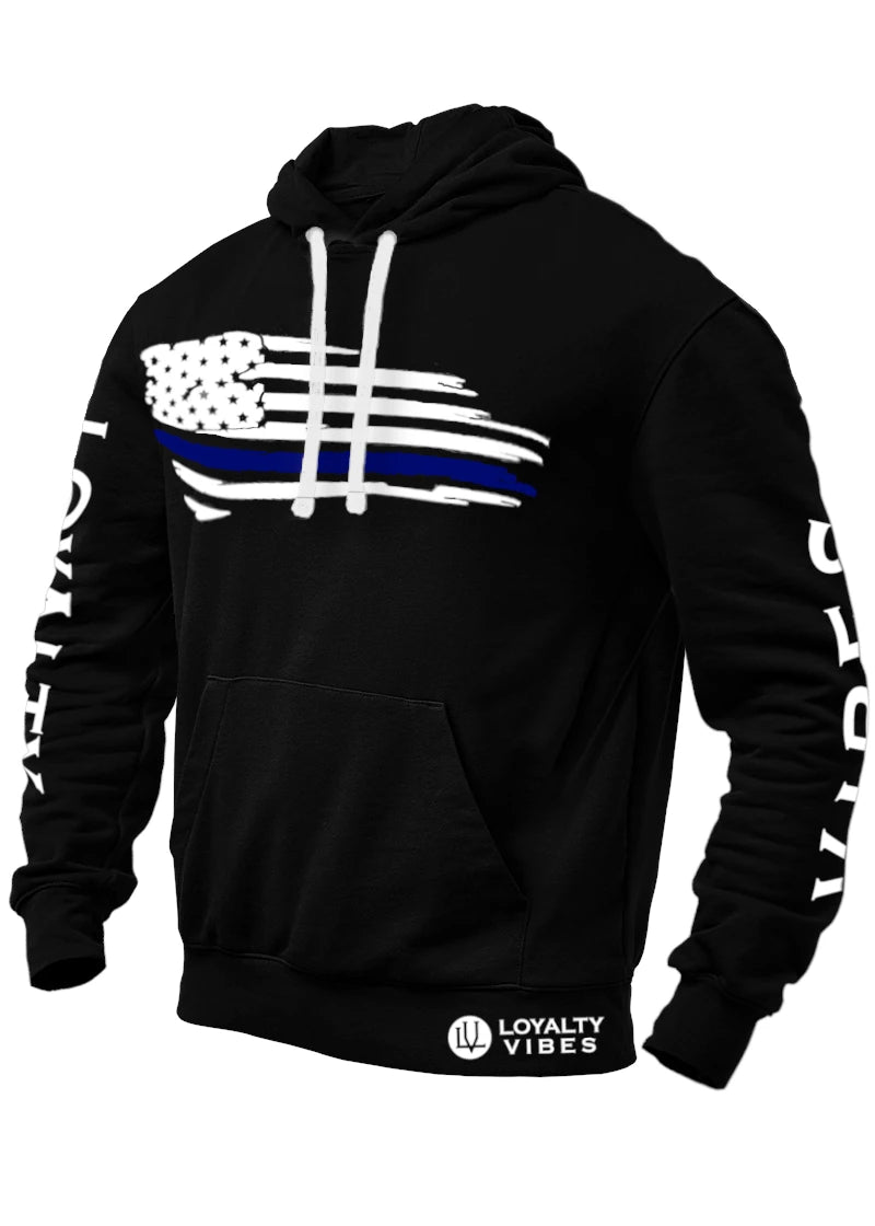 Blue Line Distressed USA Flag Hoodie Black - Loyalty Vibes