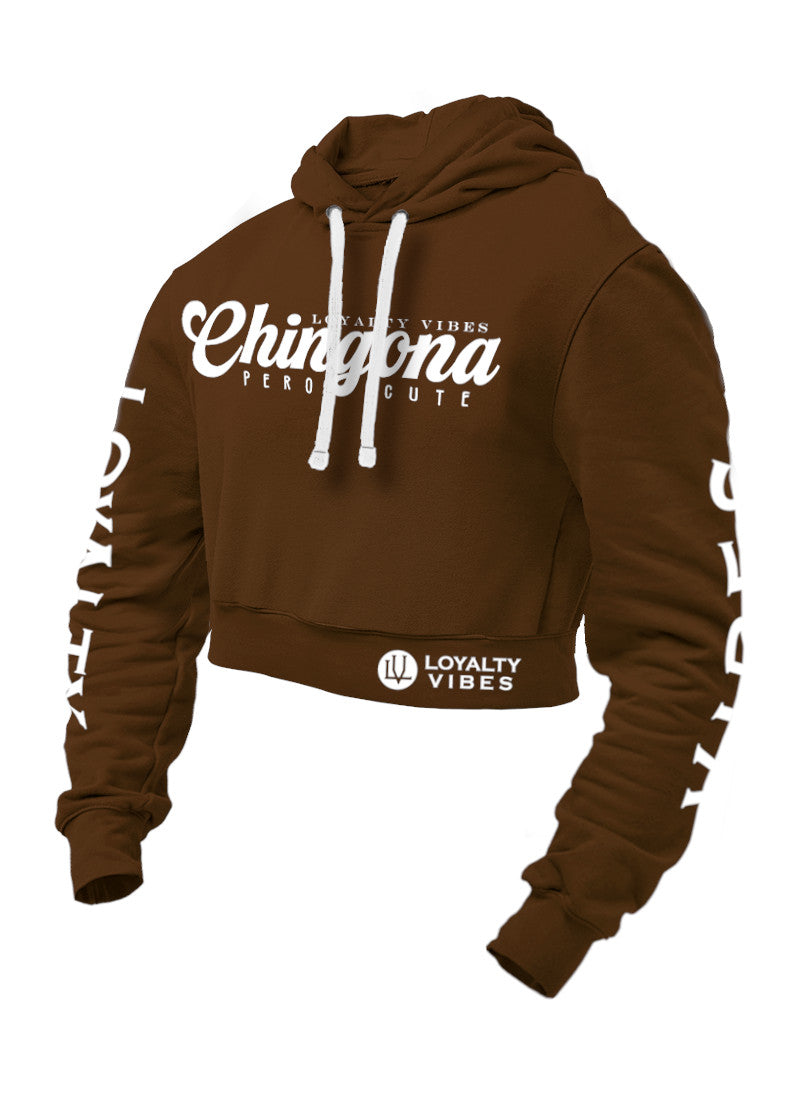 Chingona Pero Cute Crop Hoodie Brown - Loyalty Vibes