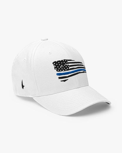 Loyalty Vibes Distressed American Flag Blue Line Fitted Hat White Loyalty Vibes