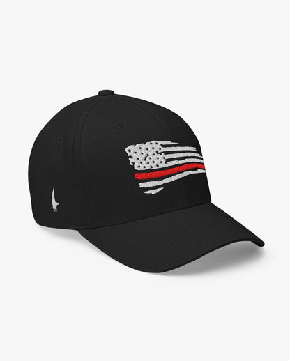 Loyalty Vibes Distressed American Flag Red Line Fitted Hat Black Loyalty Vibes