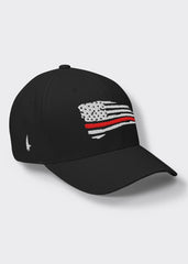 Distressed Red Line American Flag Fitted Hat Black - Loyalty Vibes