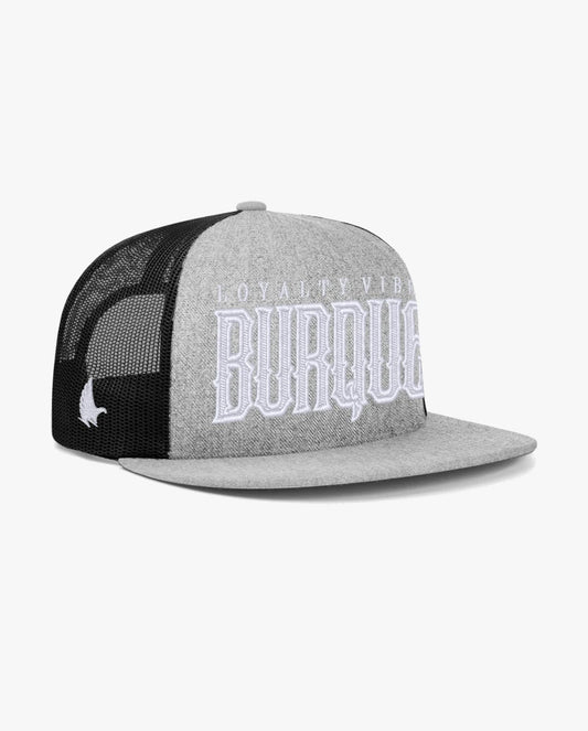 Burque Flat Brim Trucker Hat Black / White / Heather Grey