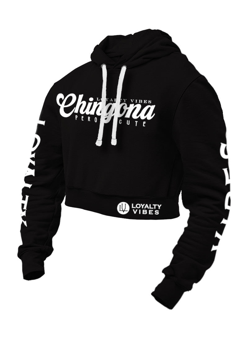Loyalty Vibes Chingona Pero Cute Crop Top Hoodie Black