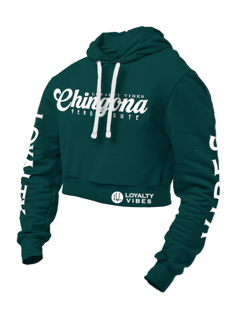 Loyalty Vibes Chingona Pero Cute Crop Top Hoodie Caribbean Green