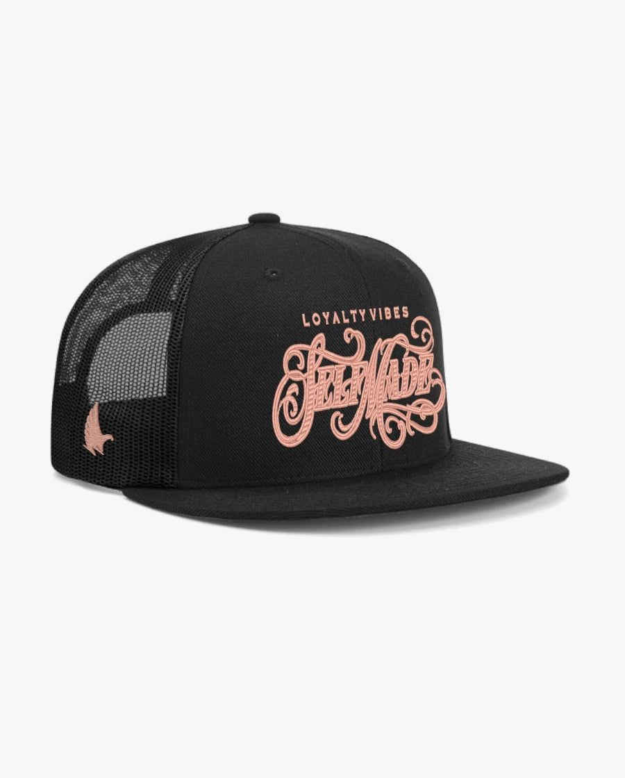 Loyalty Vibes Classic Self Made Flat Brim Trucker Hat Black / Light Pink