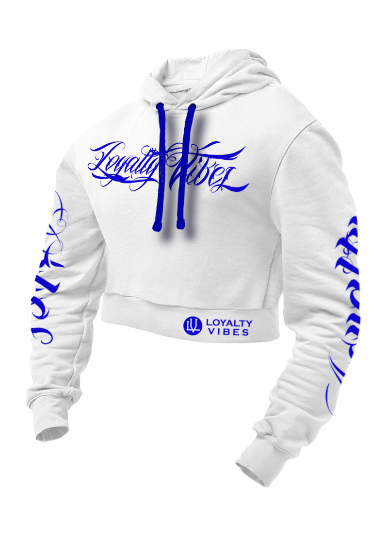 Loyalty Vibes Collective Crop Top Hoodie White Blue
