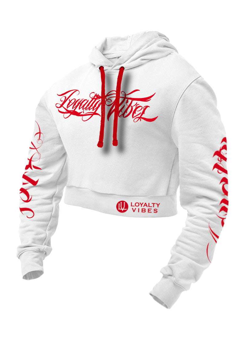 Loyalty Vibes Collective Crop Top Hoodie White Red