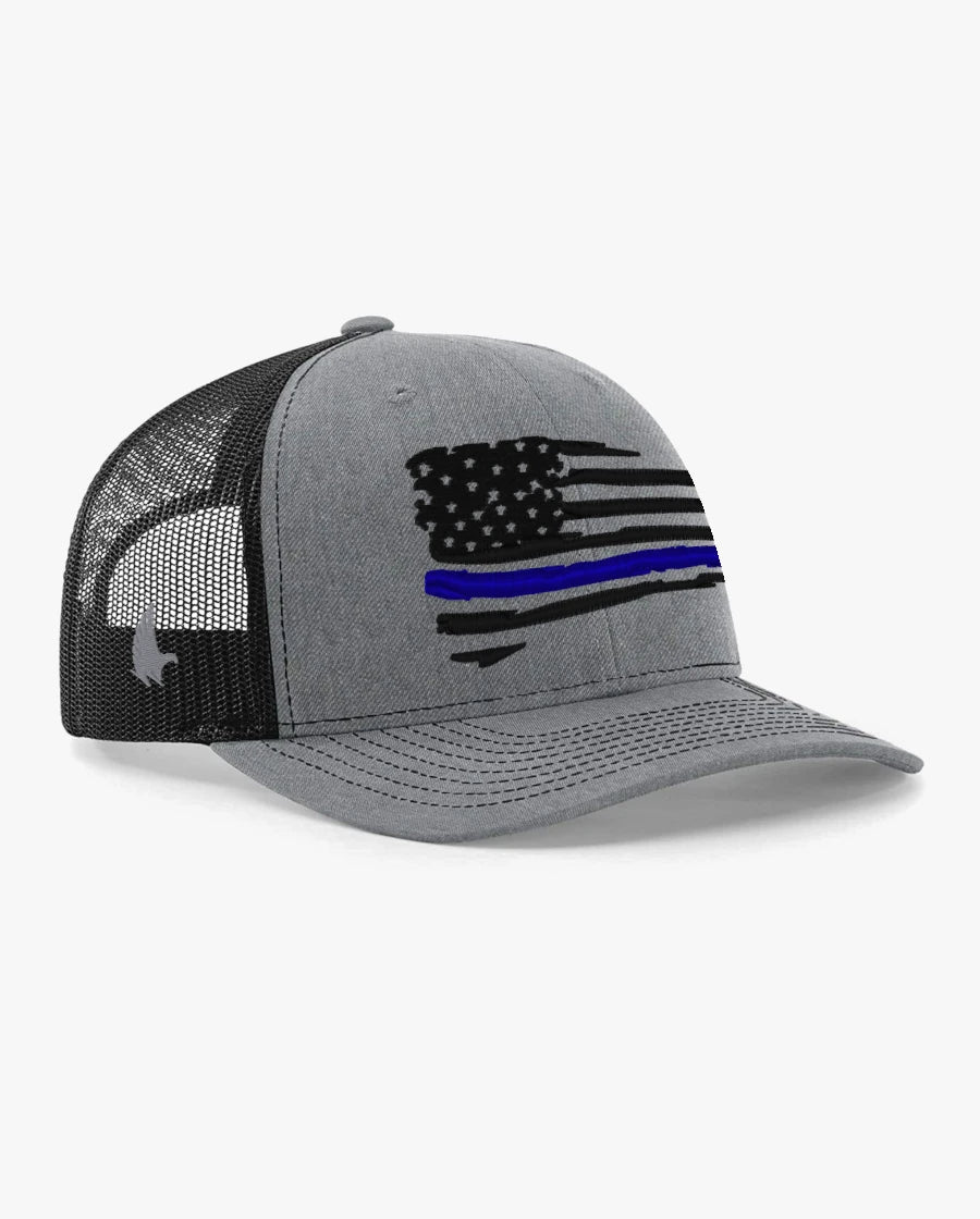 Loyalty Vibes Distressed American Flag Blue Line Trucker Hat Black Heather Gray Black Adjustable Loyalty Vibes