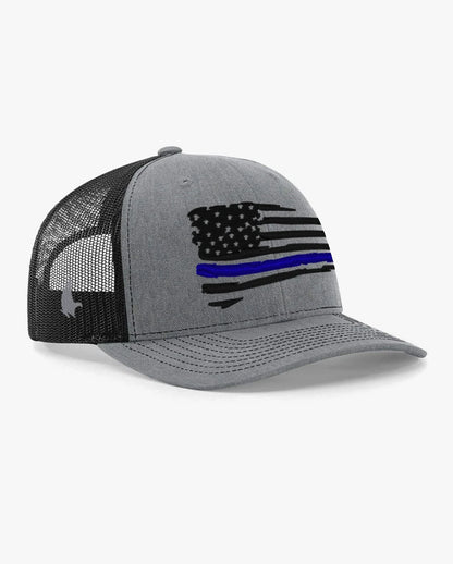 Loyalty Vibes Distressed American Flag Blue Line Trucker Hat Black Heather Gray Black Adjustable Loyalty Vibes