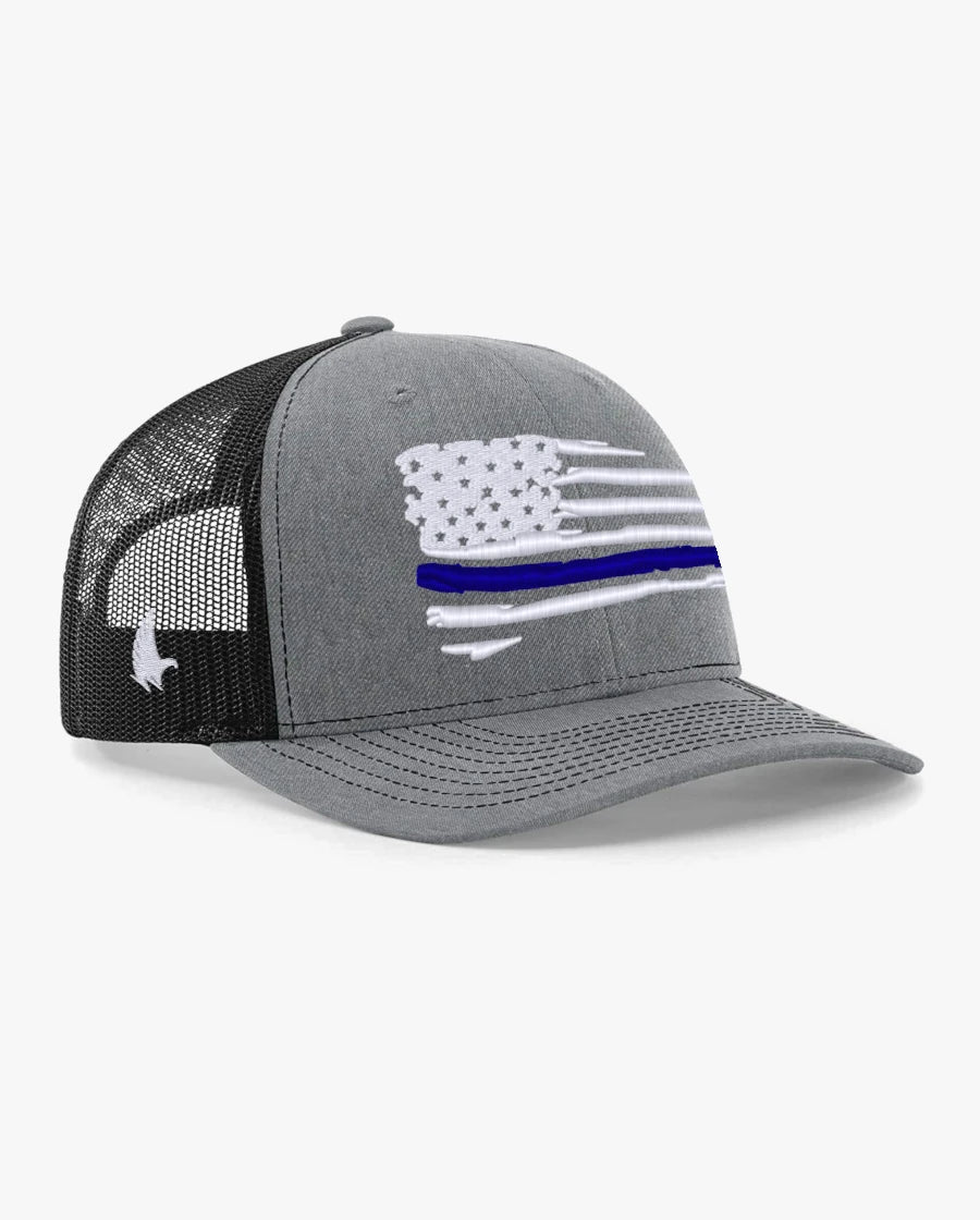 Loyalty Vibes Distressed American Flag Blue Line Trucker Hat Black Heather Gray White Adjustable Loyalty Vibes