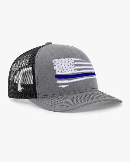 Loyalty Vibes Distressed American Flag Blue Line Trucker Hat Black Heather Gray White Adjustable Loyalty Vibes