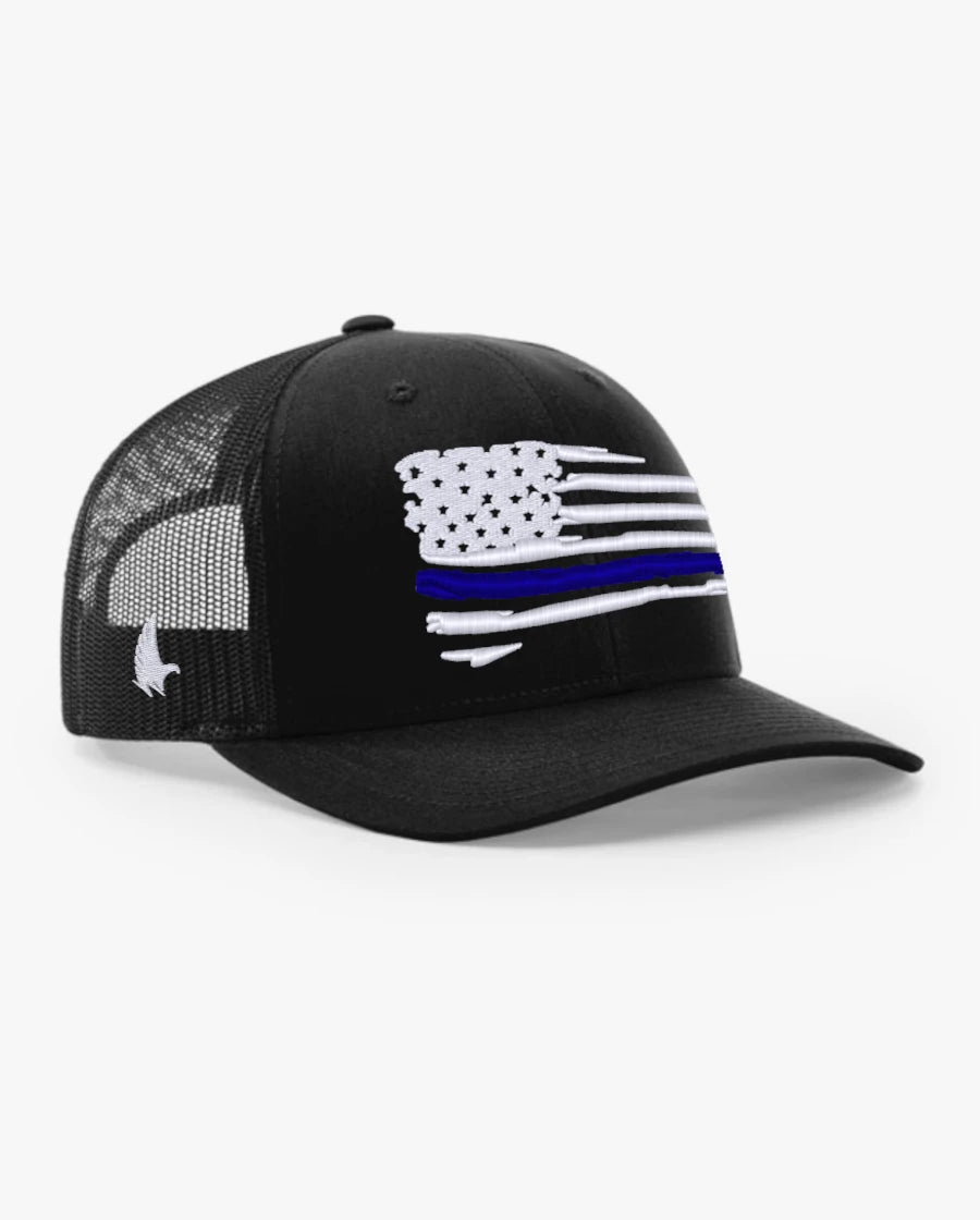Loyalty Vibes Distressed American Flag Blue Line Trucker Hat Black Adjustable Loyalty Vibes