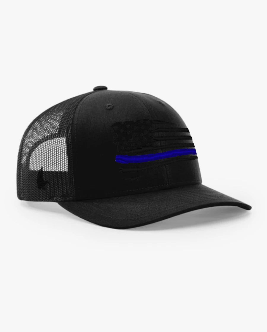 Loyalty Vibes Distressed American Flag Blue Line Trucker Hat Blackout Adjustable Loyalty Vibes