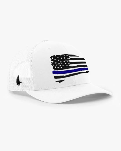 Loyalty Vibes Distressed American Flag Blue Line Trucker Hat White Adjustable Loyalty Vibes