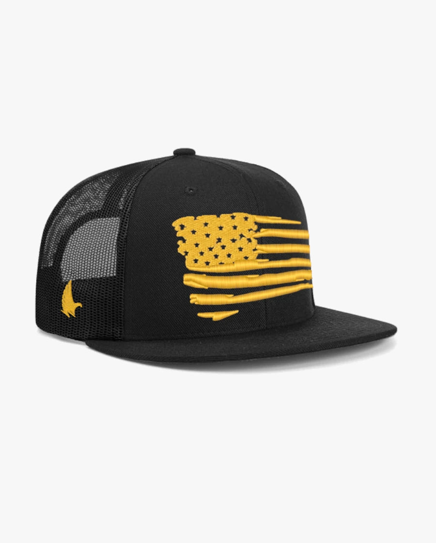 Distressed American Flag Flat Brim Trucker Hat Black / Gold Black Gold Adjustable Loyalty Vibes