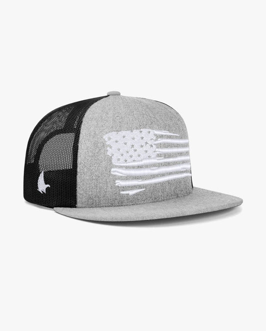 Distressed American Flag Flat Brim Trucker Hat Black / Heather Grey / White Black Heather Grey White Adjustable Loyalty Vibes