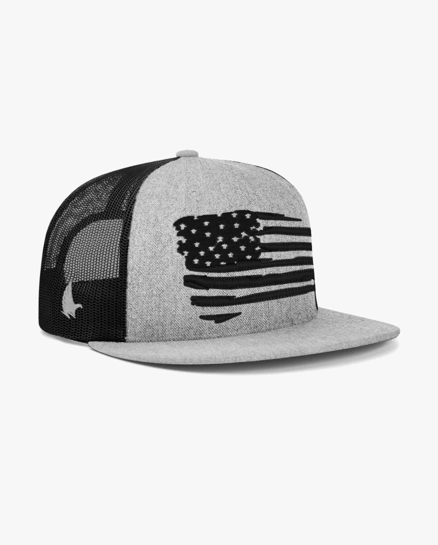Distressed American Flag Flat Brim Trucker Hat Black / Heather Grey Black Heather Grey Adjustable Loyalty Vibes