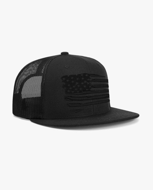 Distressed American Flag Flat Brim Trucker Hat - Blackout/Black