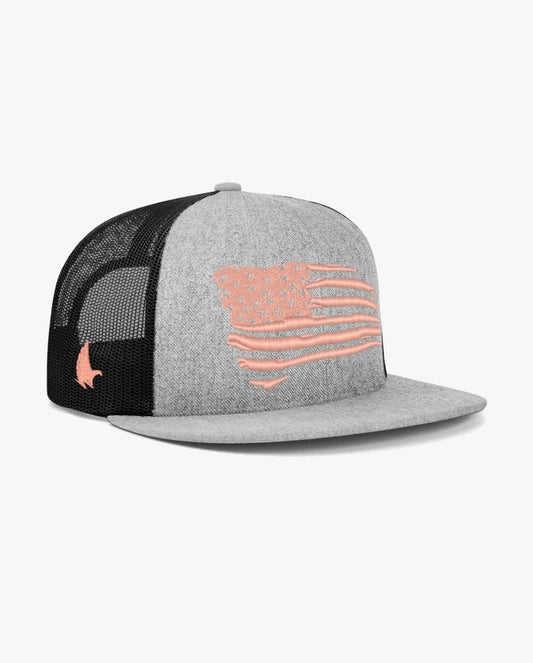 Distressed American Flag Flat Brim Trucker Hat - Light Pink / Black / Heather Grey