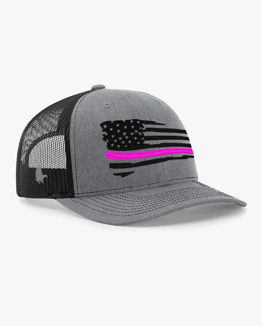 Loyalty Vibes Distressed American Flag Pink Line Trucker Hat Black Heather Gray Black Adjustable Loyalty Vibes