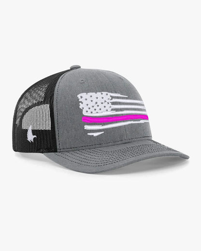 Loyalty Vibes Distressed American Flag Pink Line Trucker Hat Black Heather Gray White Adjustable Loyalty Vibes