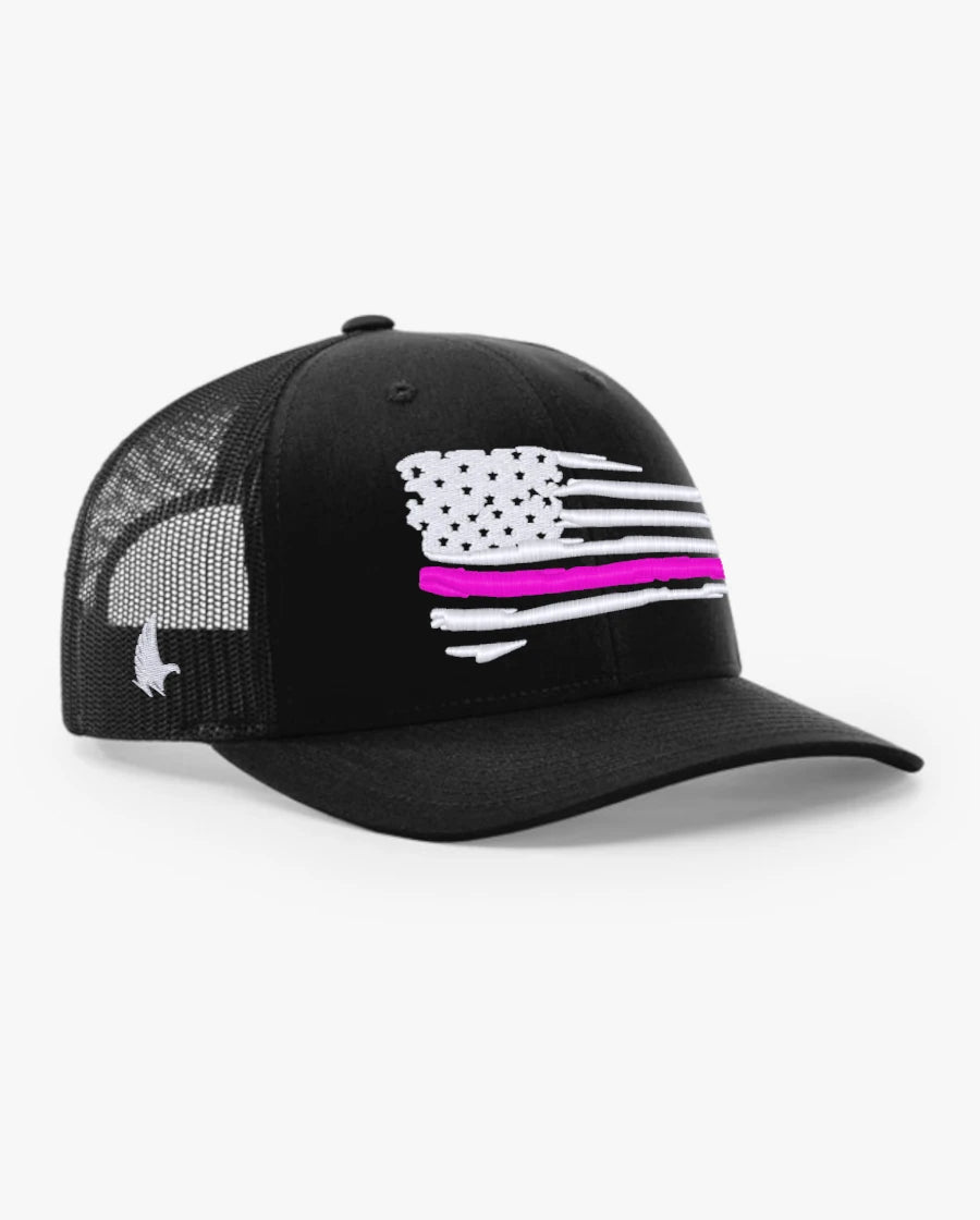 Loyalty Vibes Distressed American Flag Pink Line Trucker Hat Black Adjustable Loyalty Vibes