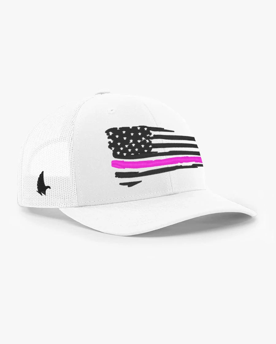 Loyalty Vibes Distressed American Flag Pink Line Trucker Hat White Adjustable Loyalty Vibes