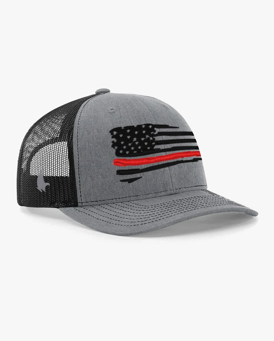 Loyalty Vibes Distressed American Flag Red Line Trucker Hat Black Heather Gray Black Adjustable Loyalty Vibes