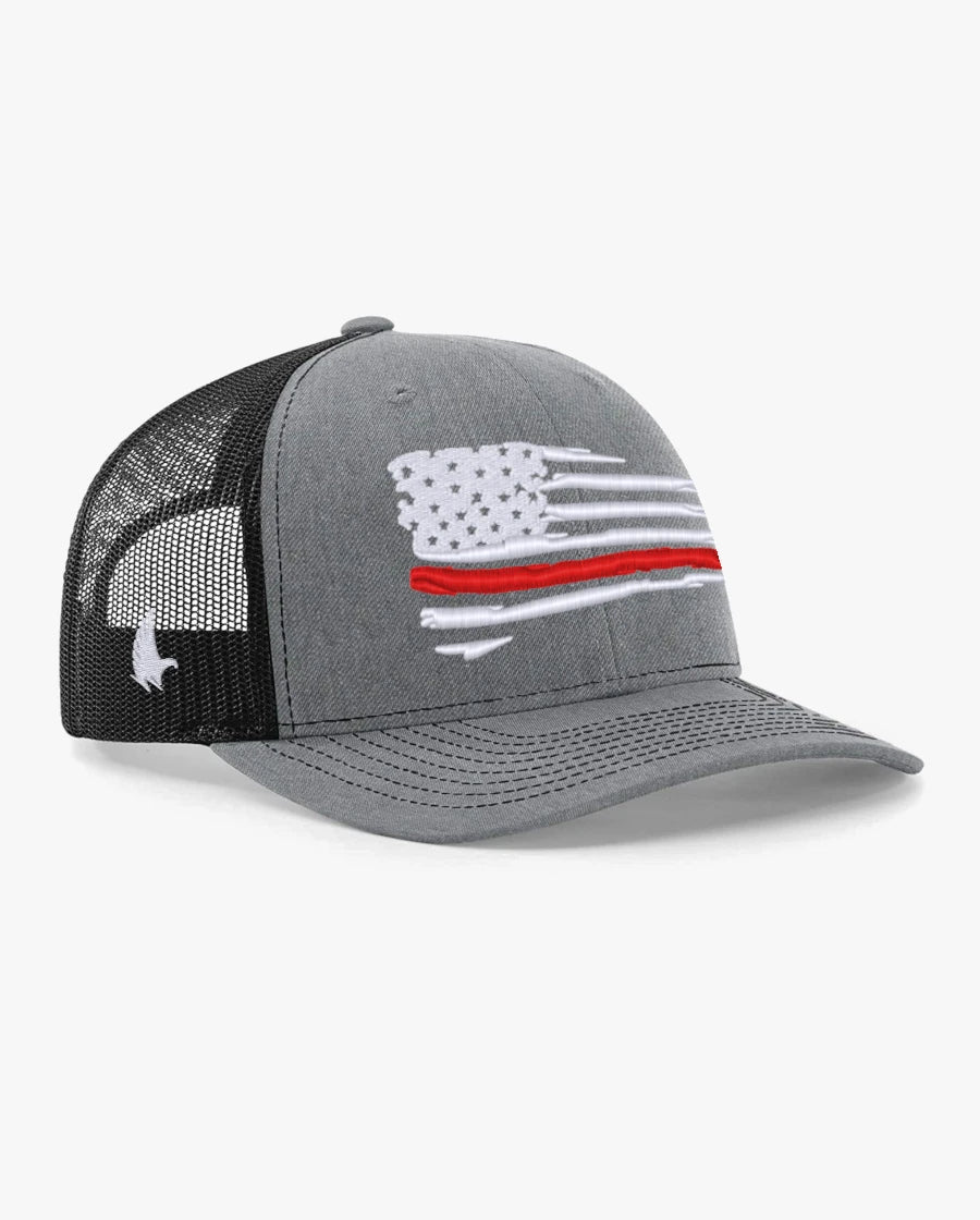 Loyalty Vibes Distressed American Flag Red Line Trucker Hat Black Heather Gray White Adjustable Loyalty Vibes