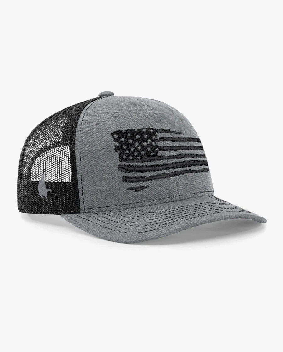 Loyalty Vibes Distressed American Flag Trucker Hat Black Heather Gray Black Adjustable Loyalty Vibes
