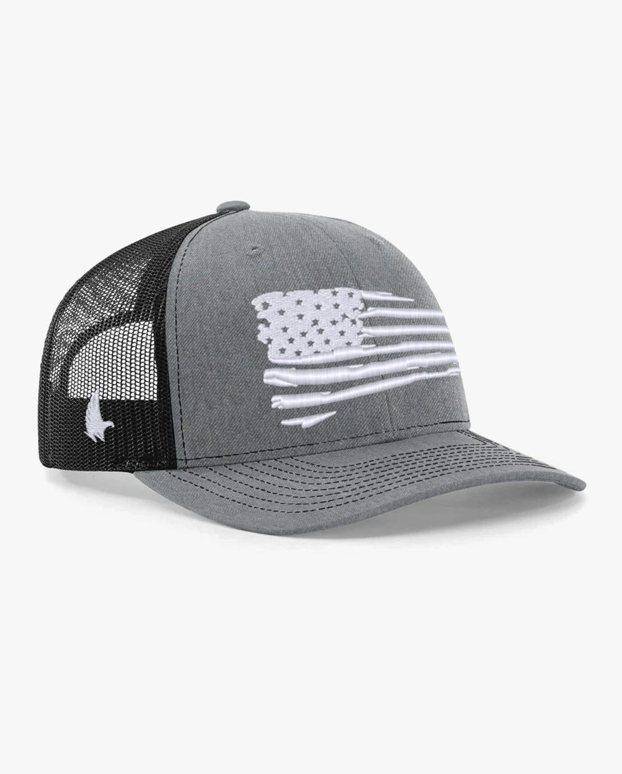 Loyalty Vibes Distressed American Flag Trucker Hat Black Heather Gray White Adjustable Loyalty Vibes