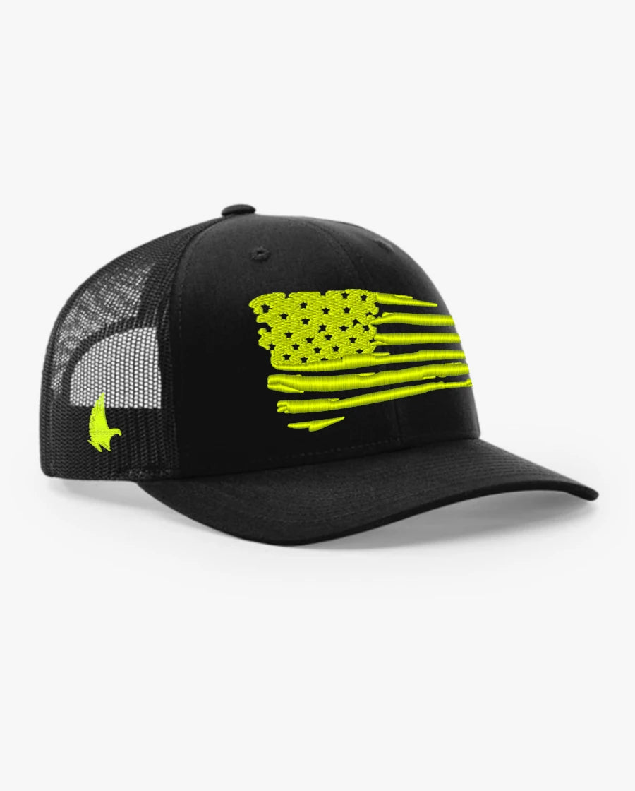 Loyalty Vibes Distressed American Flag Trucker Hat Black Neon Yellow Adjustable Loyalty Vibes