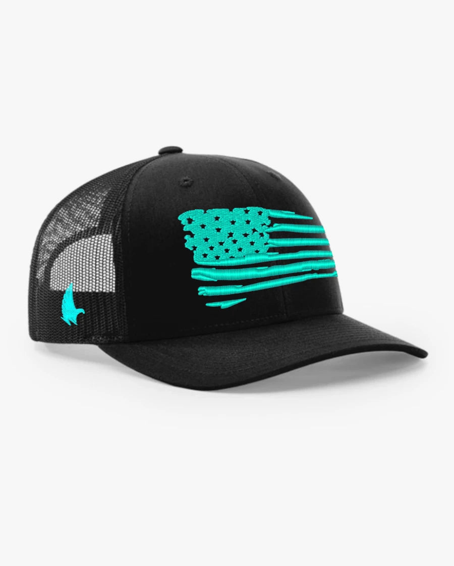 Loyalty Vibes Distressed American Flag Trucker Hat Black Teal Adjustable Loyalty Vibes