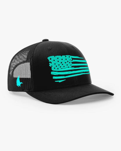 Loyalty Vibes Distressed American Flag Trucker Hat Black Teal Adjustable Loyalty Vibes