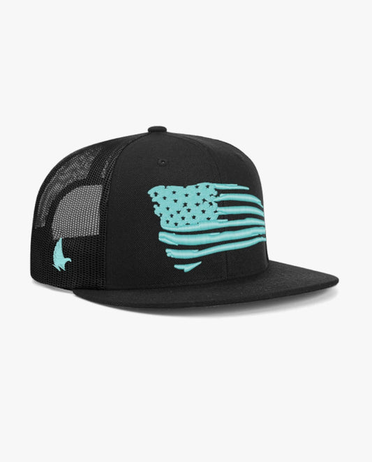 Loyalty Vibes Flat Brim Distressed American Flag Trucker Hat