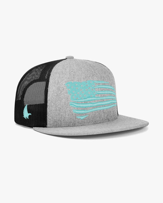Flat Brim Distressed American Flag Trucker Hat Teal / Heather Grey / Black