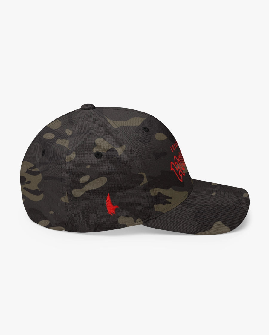 Loyalty Vibes Hustle Fitted Hat Black Camo Red Right