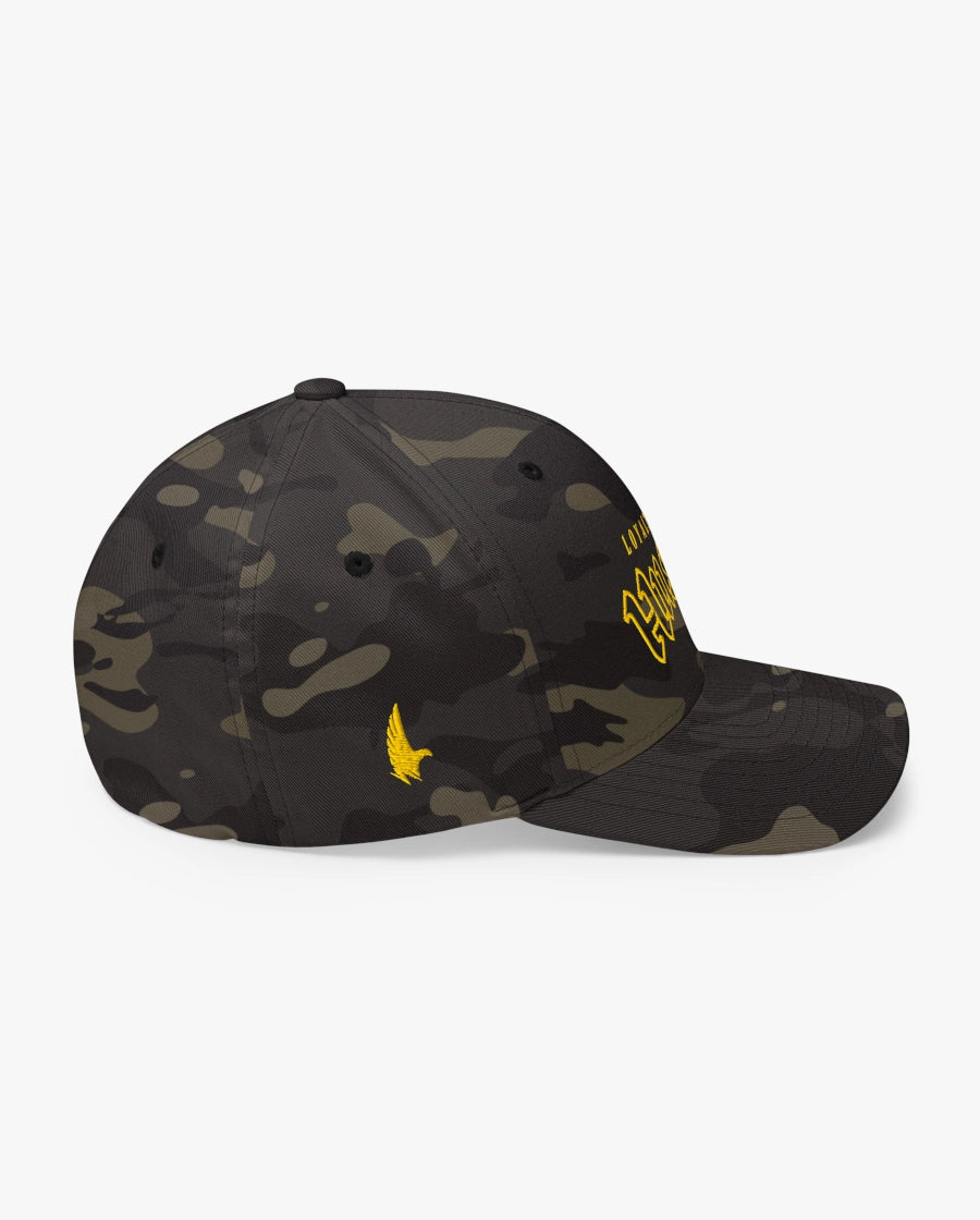 Loyalty Vibes Hustle Fitted Hat Black Camo Yellow Right