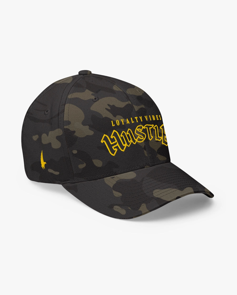 Loyalty Vibes Hustle Fitted Hat Black Camo Yellow