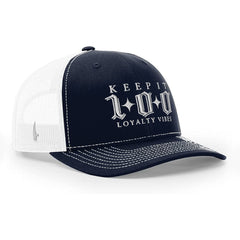Keep It 100 Trucker Hat White/Navy Blue OS - Loyalty Vibes