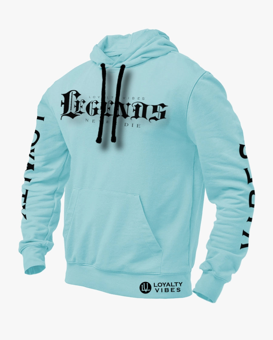 Loyalty Vibes Legends Never Die Graphic Hoodie Baby Blue Black Men's Loyalty Vibes